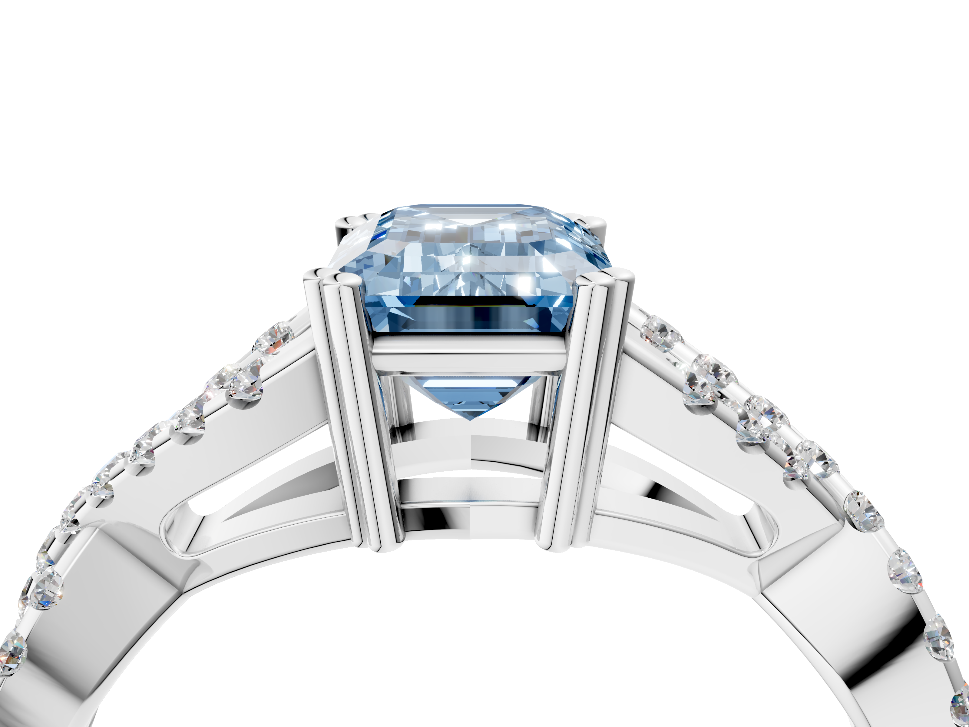 White gold Fancy Blue Emerald  Solitaire Twist Band with Pavé Setting and Four-Prong Setting_38