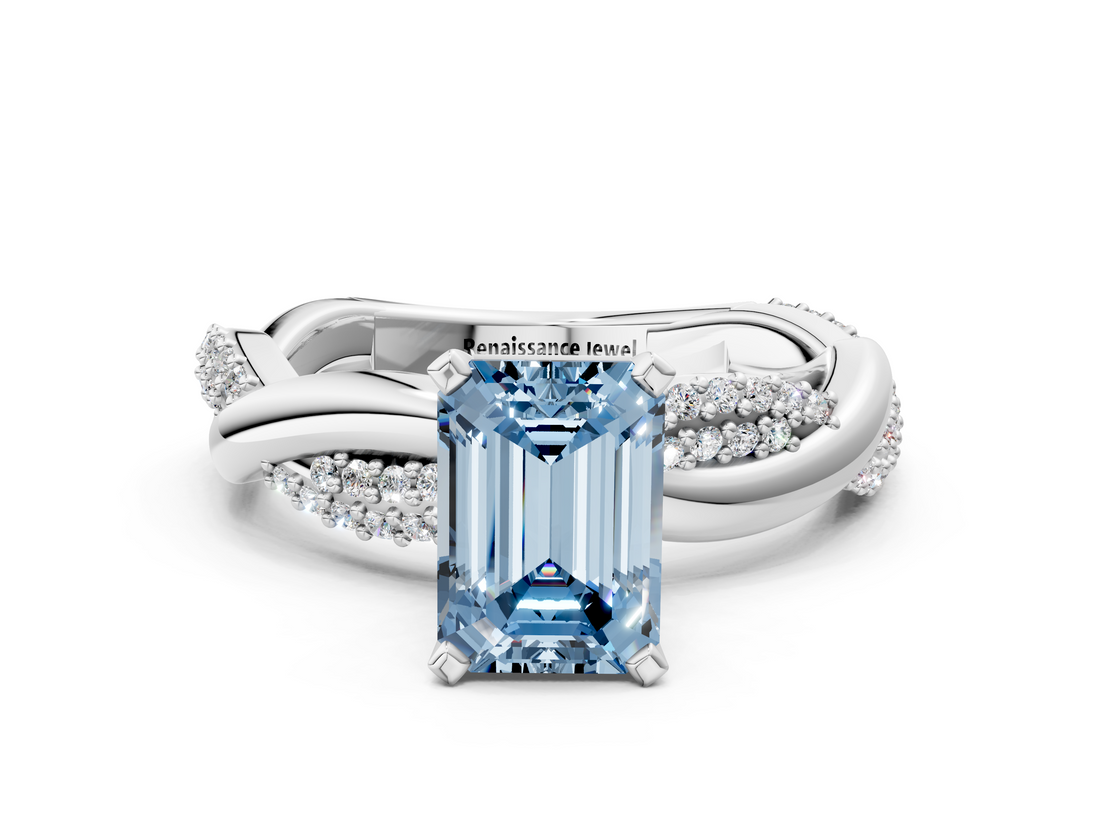 White gold Fancy Blue Emerald  Solitaire Twist Band with Pave Prong Setting_47