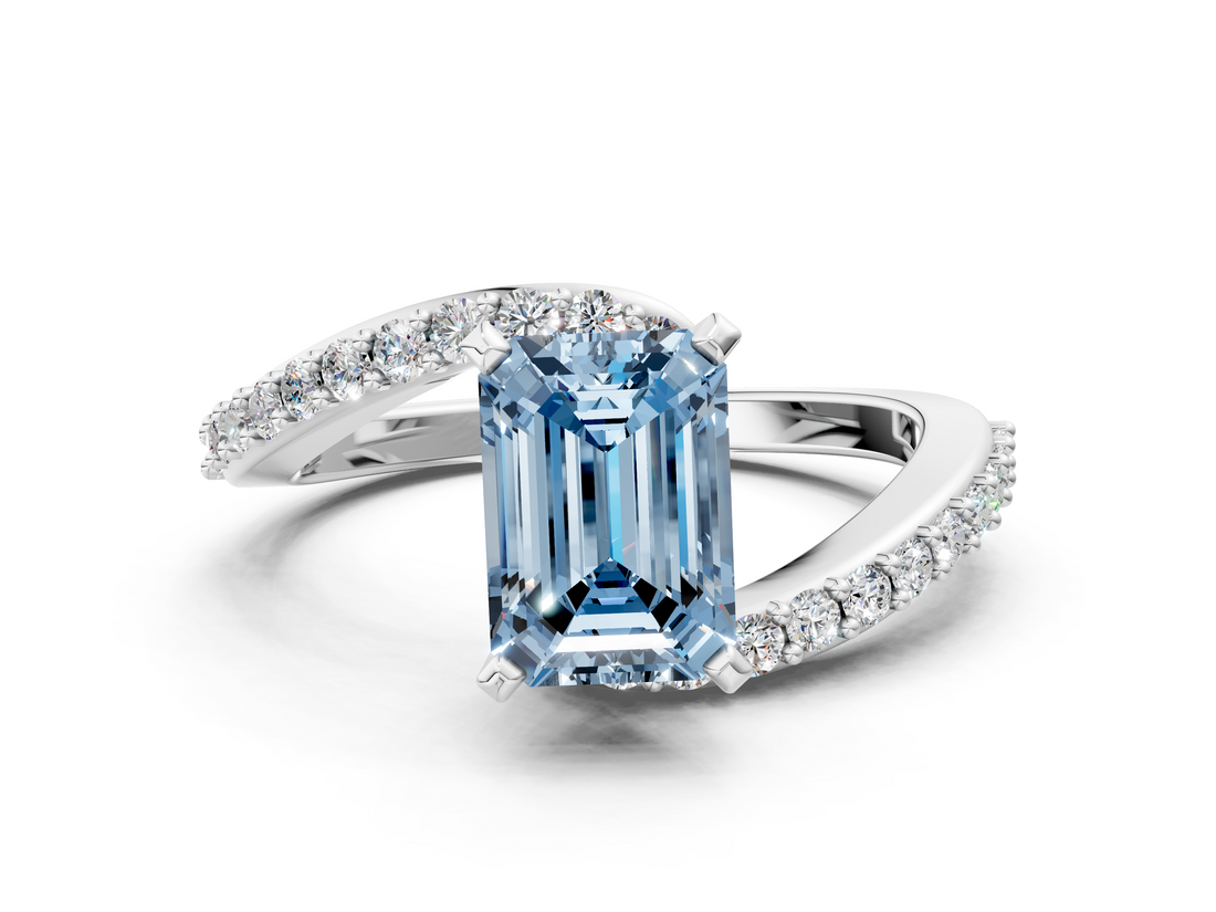 White gold Fancy Blue Emerald  Solitaire Twist Band with Pave Set Diamonds and Four-Prong Setting_108