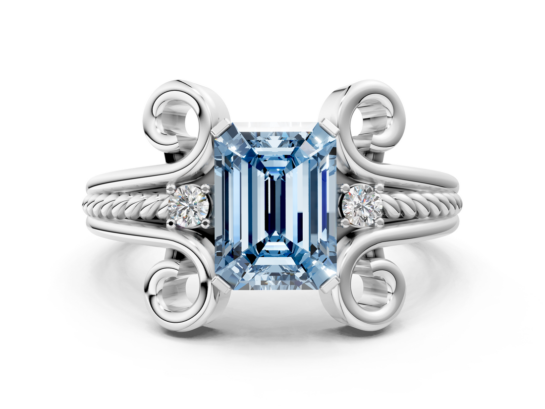 White gold Fancy Blue Emerald  Solitaire Twisted Band Scroll Prong Ring_3