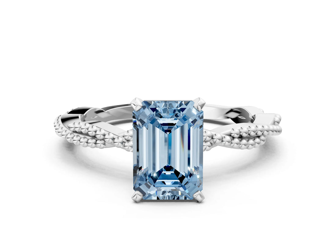 White gold Fancy Blue Emerald  Solitaire Twisted Band with Bead Prong Setting_296