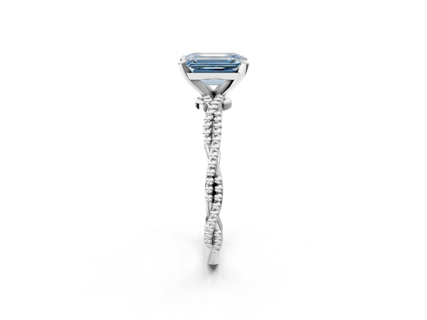 Platinum Fancy Blue Emerald  Solitaire Twisted Band with Bead Prong Setting