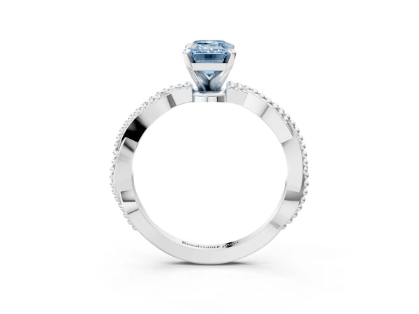 Platinum Fancy Blue Emerald  Solitaire Twisted Band with Bead Prong Setting