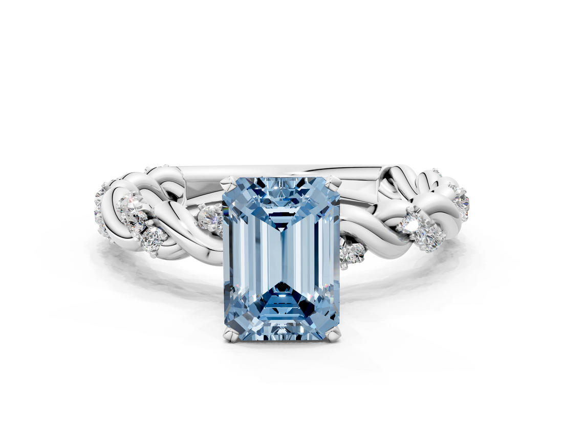 White gold Fancy Blue Emerald  Solitaire Twisted Band with Pavé Accents and Four-Prong Setting_3