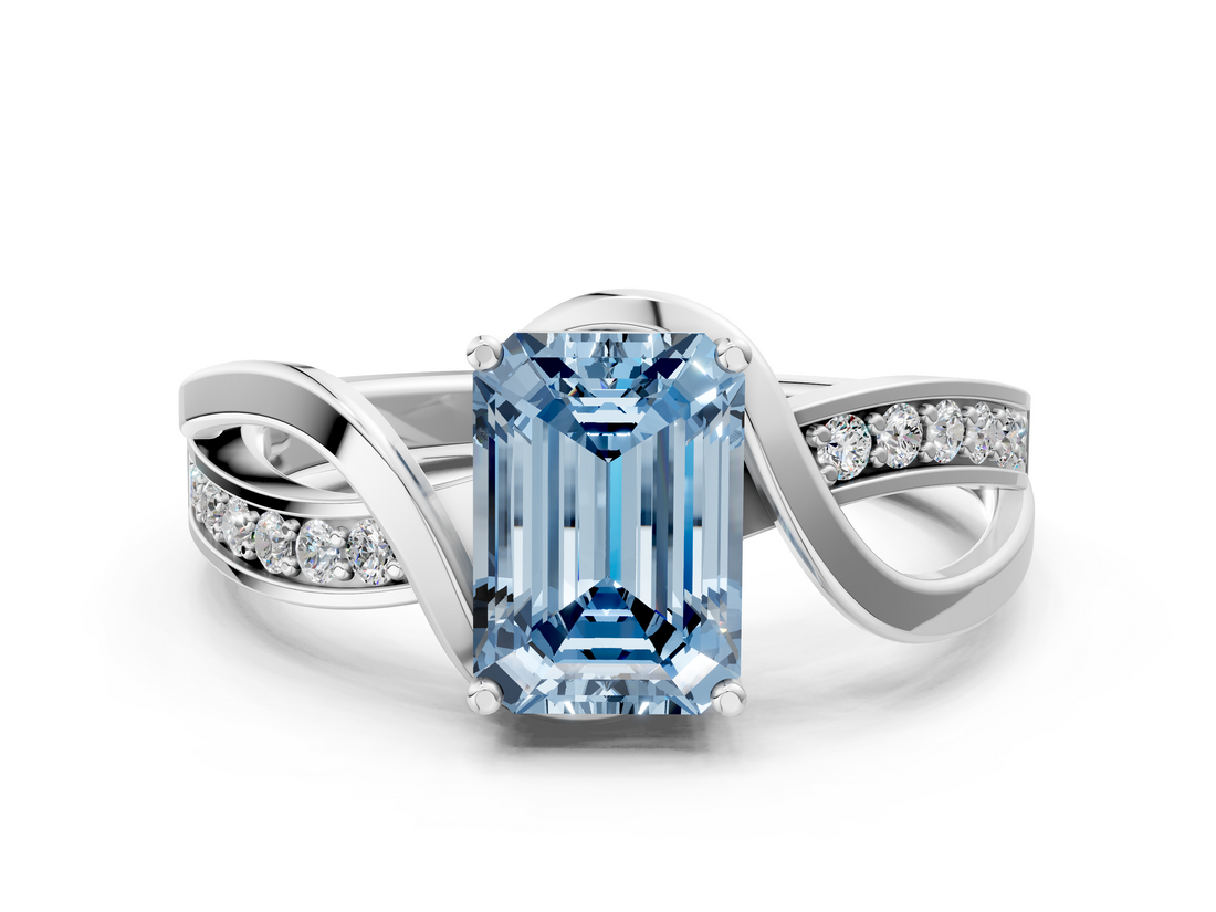 White gold Fancy Blue Emerald  Solitaire Twisted Band with Prong Setting_3