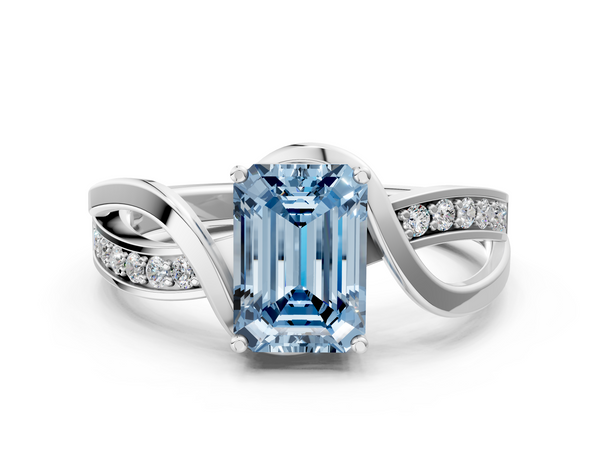 White gold Fancy Blue Emerald  Solitaire Twisted Band with Prong Setting