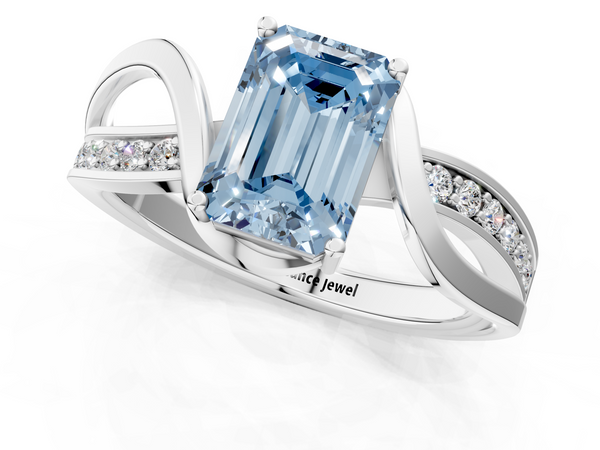 White gold Fancy Blue Emerald  Solitaire Twisted Band with Prong Setting