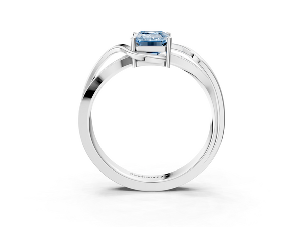 White gold Fancy Blue Emerald  Solitaire Twisted Band with Prong Setting