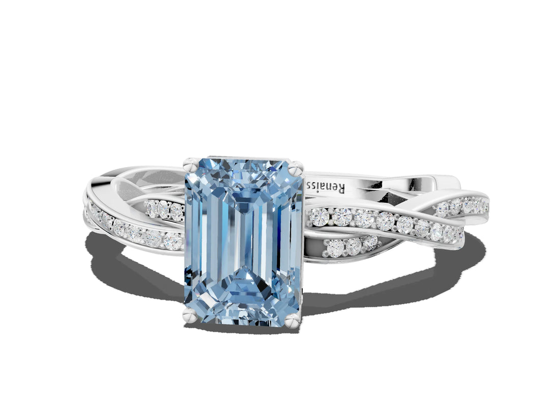 White gold Fancy Blue Emerald  Solitaire Twisted Pave Diamond Ring with Four-Prong Setting_127