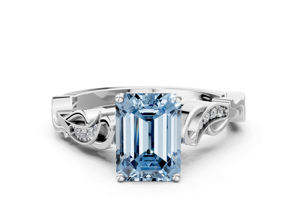 Platinum Fancy Blue Emerald  Solitaire Vine Band with Milgrain Prong Setting
