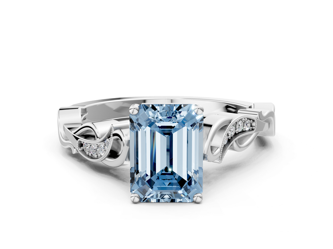 White gold Fancy Blue Emerald  Solitaire Vine Band with Milgrain Prong Setting_3