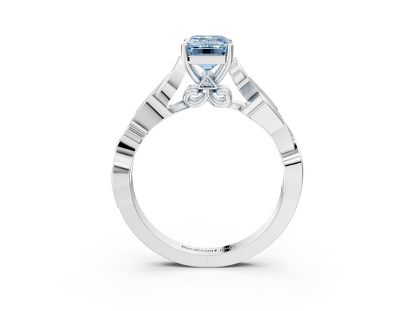 Platinum Fancy Blue Emerald  Solitaire Vine Band with Milgrain Prong Setting