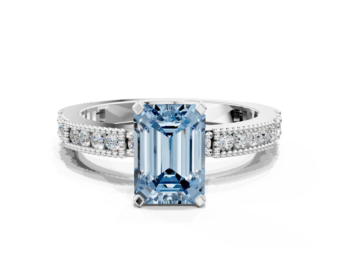 White gold Fancy Blue Emerald  Solitaire with Pavé Band and Four-Prong Setting_330