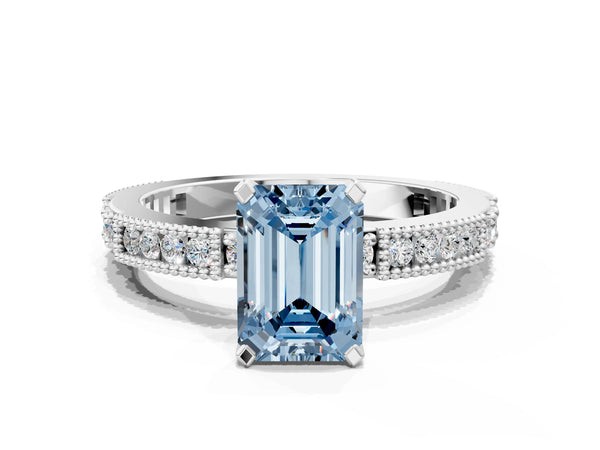 White gold Fancy Blue Emerald  Solitaire with Pavé Band and Four-Prong Setting