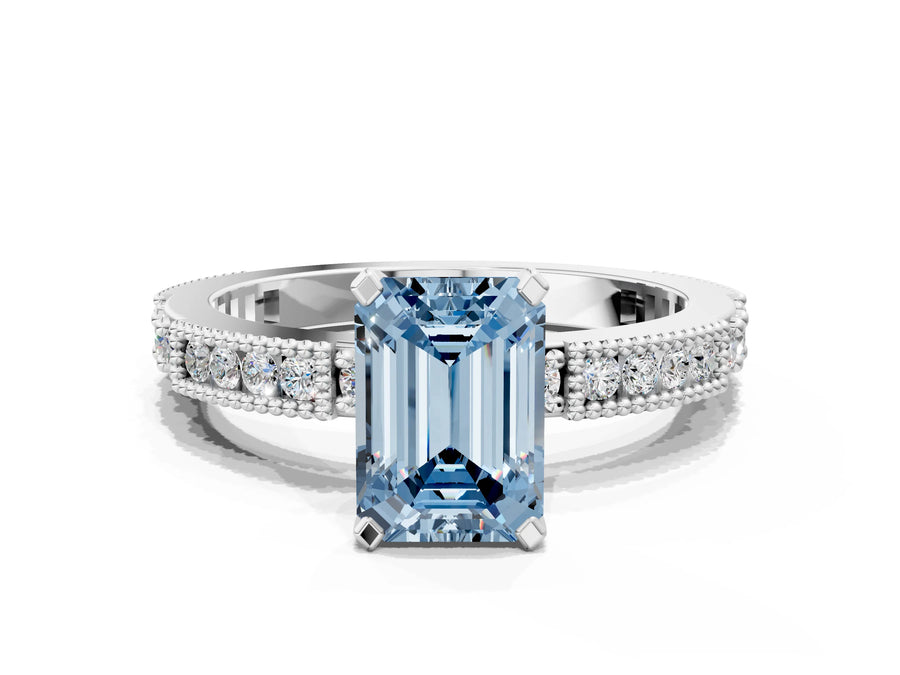White gold Fancy Blue Emerald  Solitaire with Pavé Band and Four-Prong Setting