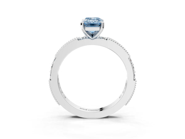 White gold Fancy Blue Emerald  Solitaire with Pavé Band and Four-Prong Setting