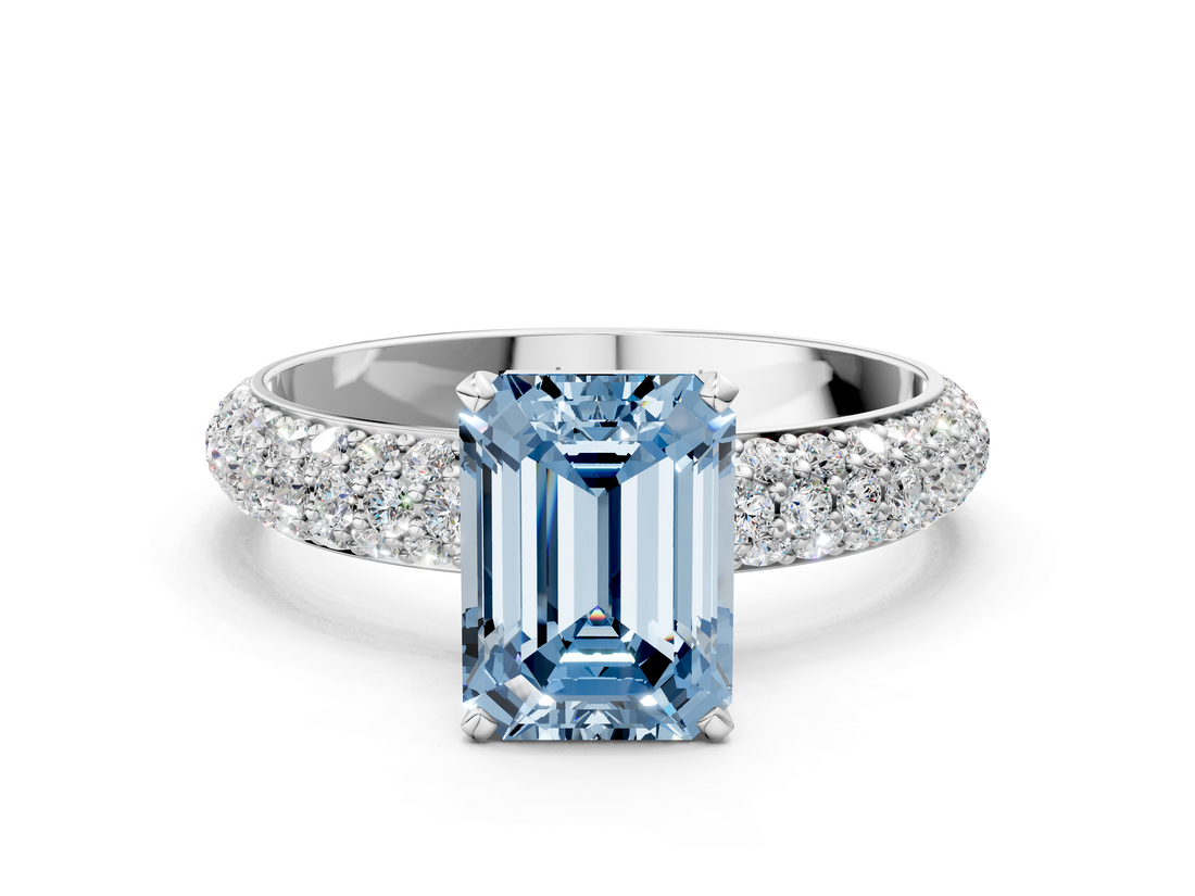 White gold Fancy Blue Emerald  Solitaire with Pave Band and Four-Prong Setting_3