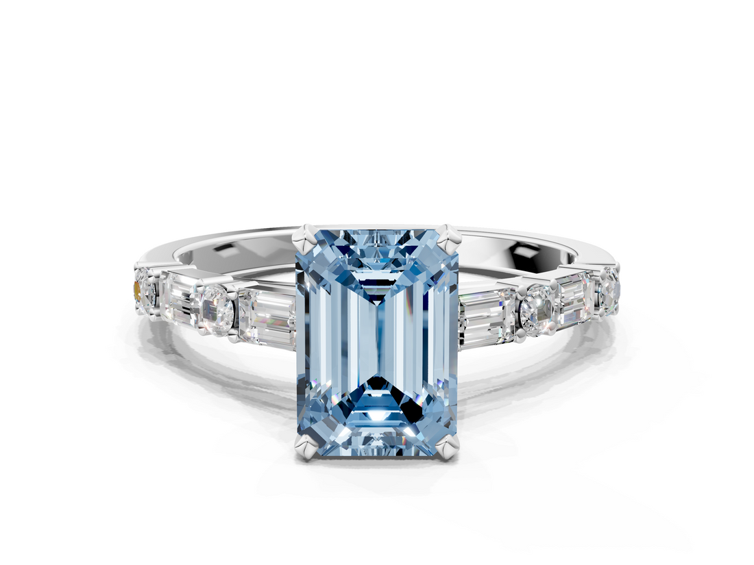 White gold Fancy Blue Emerald  Solitaire with Side Baguettes and Channel Set Band_59