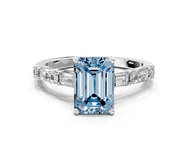 White gold Fancy Blue Emerald Cut Diamond Solitaire with Side Baguettes and Channel Set Band