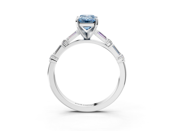 White gold Fancy Blue Emerald Cut Diamond Solitaire with Side Baguettes and Channel Set Band