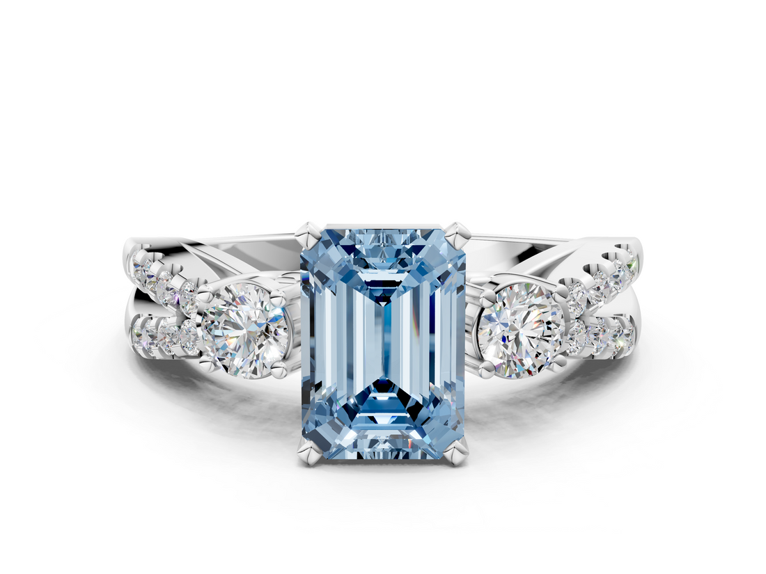 White gold Fancy Blue Emerald  Three-Stone Diamond Ring with Pavé Split Shank and Four-Prong Setting_62