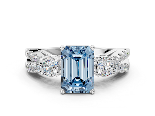 White gold Fancy Blue Emerald Cut Diamond Three-Stone Ring with Pavé Split Shank and Four-Prong Setting