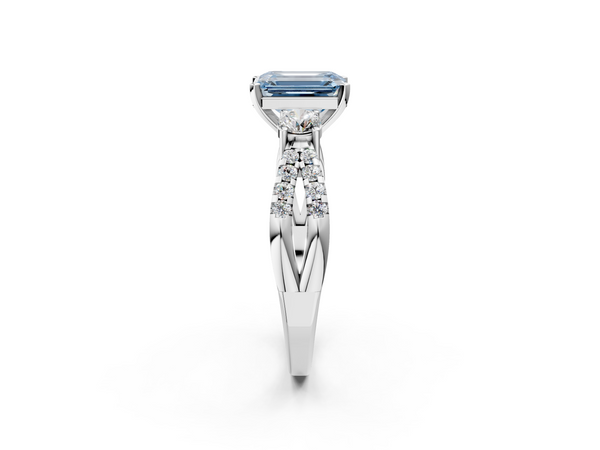 White gold Fancy Blue Emerald Cut Diamond Three-Stone Ring with Pavé Split Shank and Four-Prong Setting