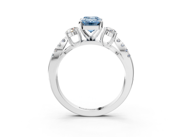 White gold Fancy Blue Emerald Cut Diamond Three-Stone Ring with Pavé Split Shank and Four-Prong Setting