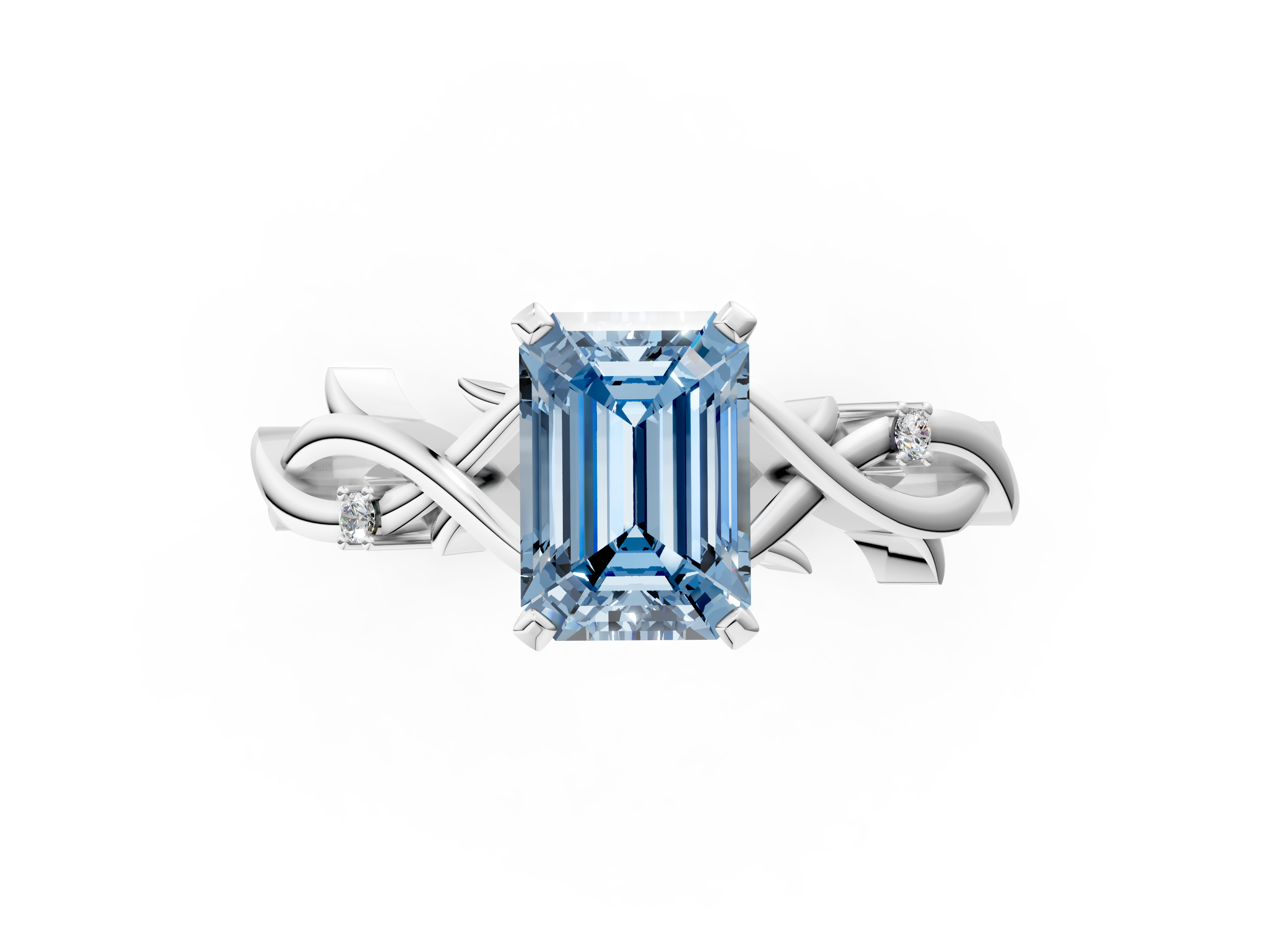 White gold Fancy Blue Emerald cut Solitaire Twisted Band Prong Setting Ring_131