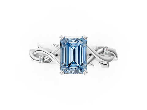 White gold Fancy Blue Emerald cut Solitaire Twisted Band Prong Setting Ring_131