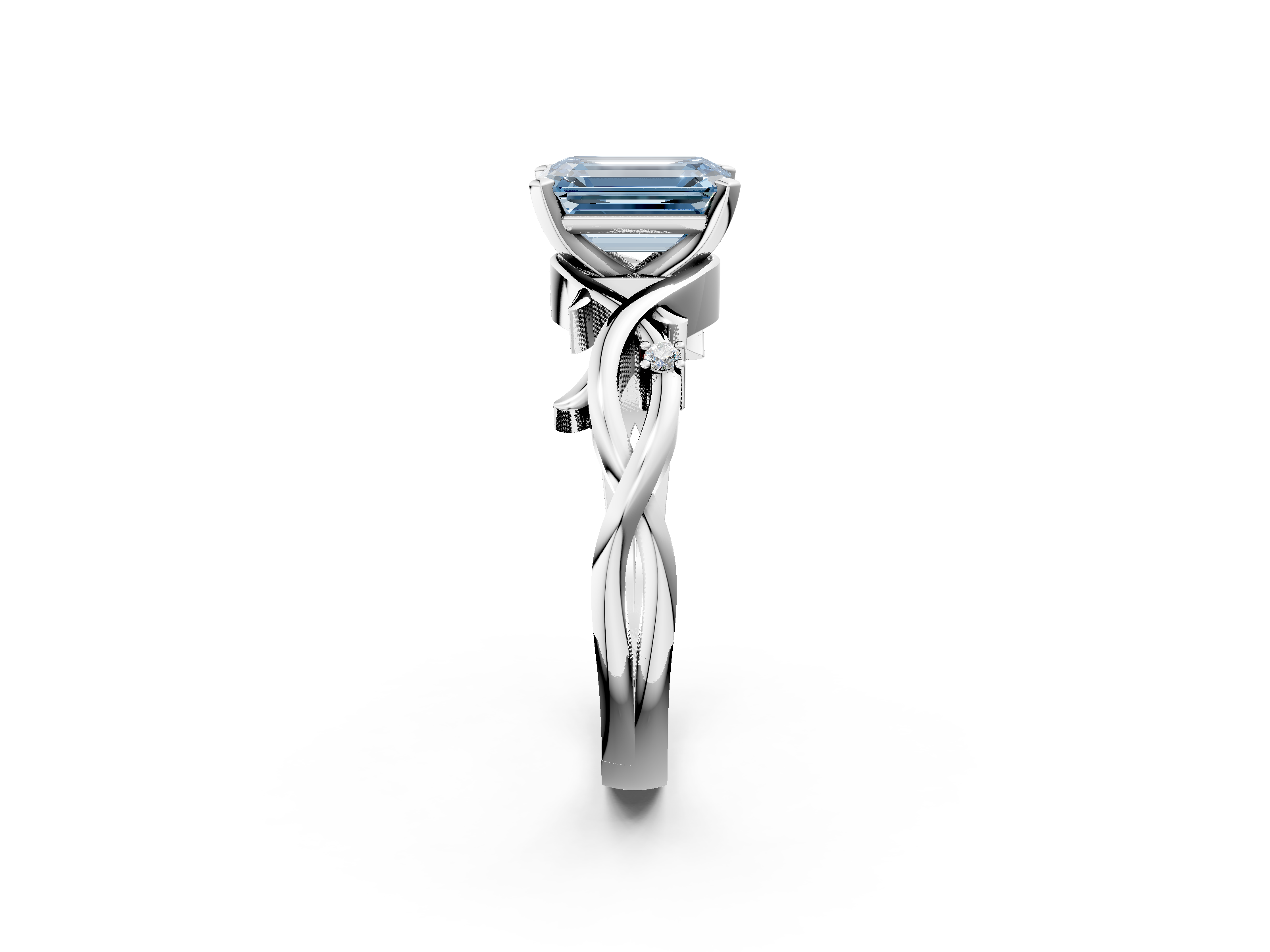 White gold Fancy Blue Emerald cut Solitaire Twisted Band Prong Setting Ring_133