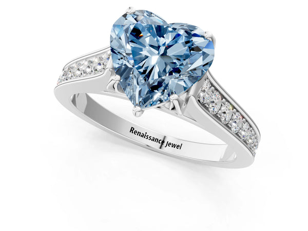 White gold Fancy Blue Heart  Brilliant Cut Diamond Engagement Ring with Pavé Band and Four-Prong Setting