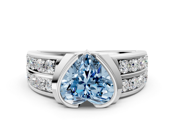 Platinum Fancy Blue Heart  Brilliant Diamond Channel Set Wide Band Ring with Bezel Setting