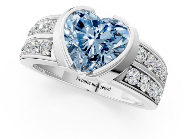 Platinum Fancy Blue Heart  Brilliant Diamond Channel Set Wide Band Ring with Bezel Setting