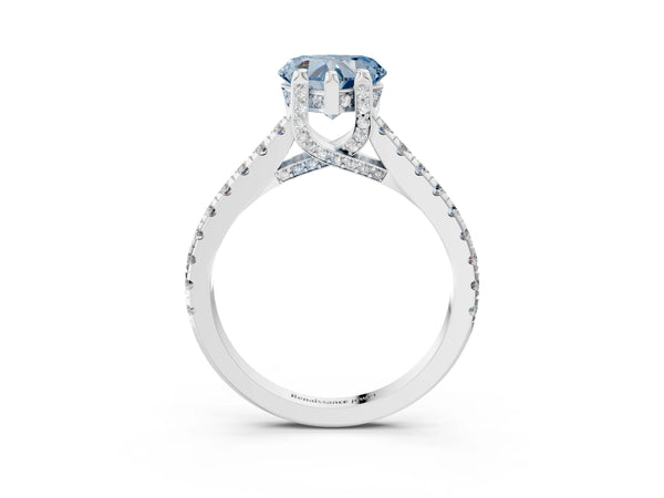 White gold Fancy Blue Heart  Brilliant Diamond Solitaire with Pavé Band and Four-Prong Setting