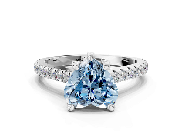White gold Fancy Blue Heart  Brilliant Diamond Solitaire with Pavé Band and Four-Prong Setting