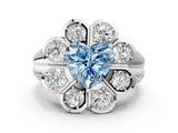 White gold Fancy Blue Heart  Brilliant Flower Halo Diamond Split Shank Ring_75