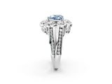 White gold Fancy Blue Heart  Brilliant Flower Halo Diamond Split Shank Ring_77