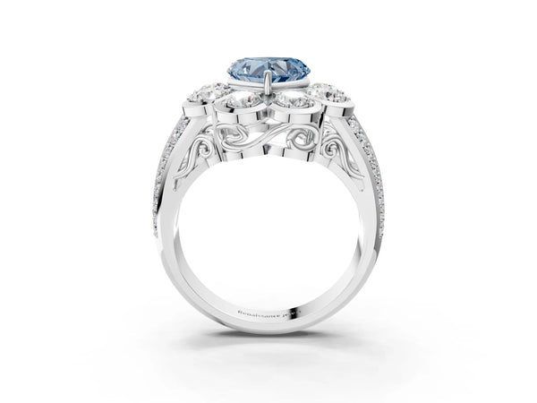 White gold Fancy Blue Heart  Brilliant Flower Halo Diamond Split Shank Ring