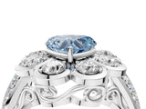 White gold Fancy Blue Heart  Brilliant Flower Halo Diamond Split Shank Ring_79