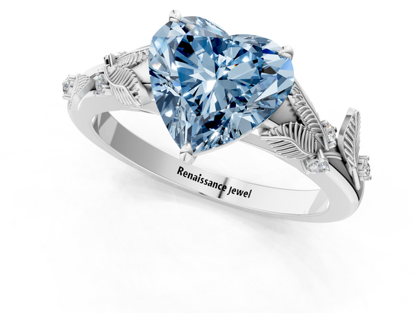 Platinum Fancy Blue Heart Cut Diamond Solitaire Ring with Leaf Motif Band and Four-Prong Setting