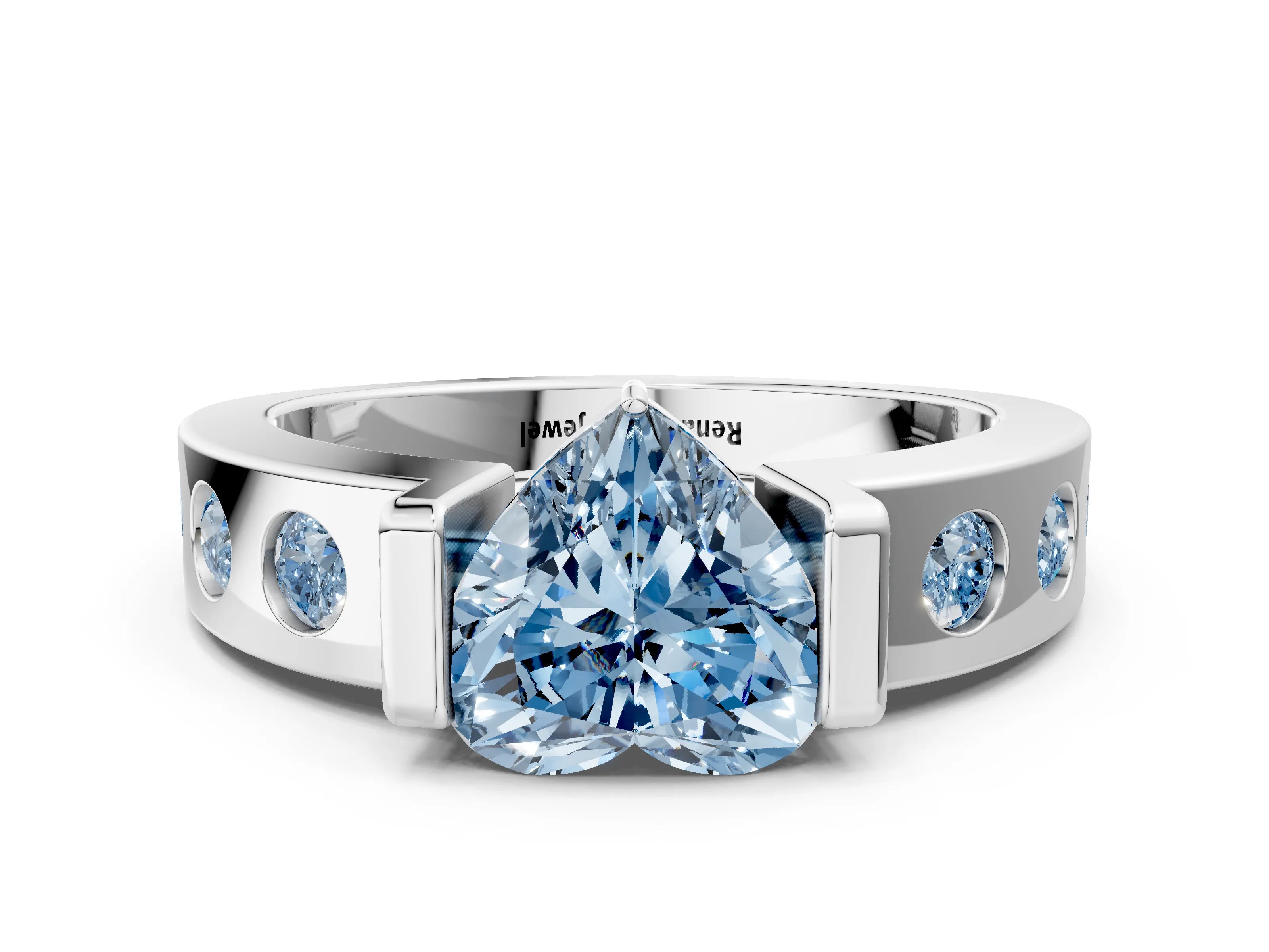 White gold Fancy Blue Heart Cut Brilliant Channel-Set Diamond Ring with Bezel Prong Setting