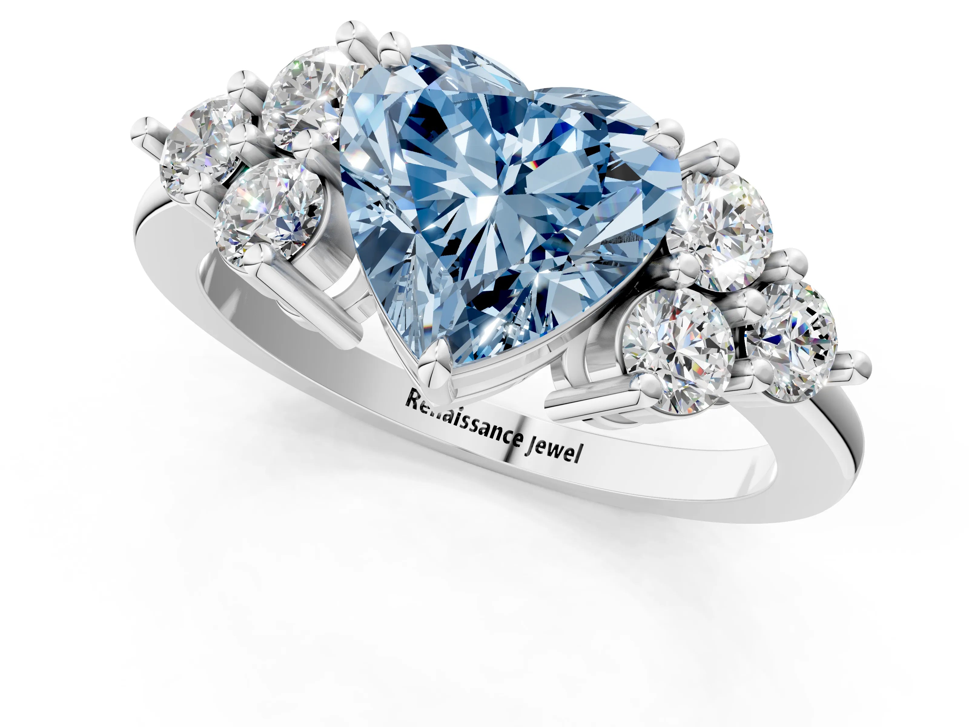 White gold Fancy Blue Heart Cut Brilliant Diamond Cluster Accent Solitaire Ring with Prong Setting_1