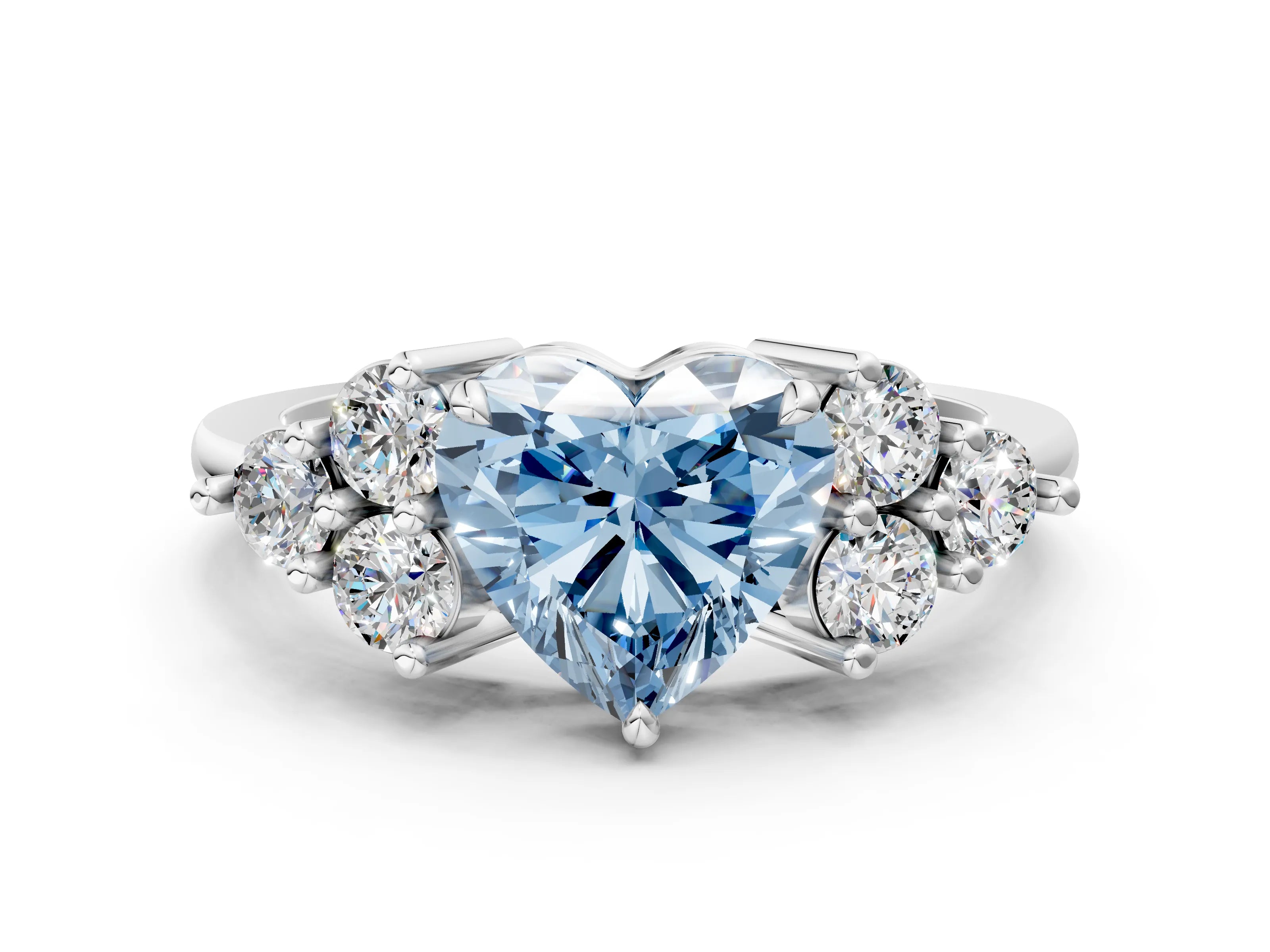 White gold Fancy Blue Heart Cut Brilliant Diamond Cluster Accent Solitaire Ring with Prong Setting