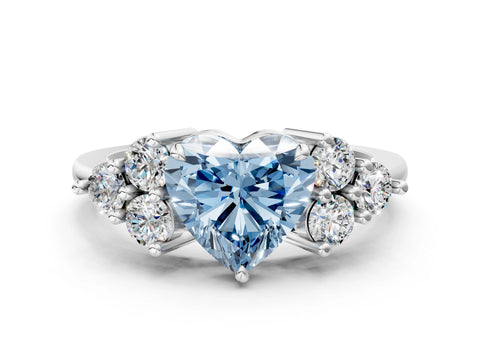 White gold Fancy Blue Heart Cut Brilliant Diamond Cluster Accent Solitaire Ring with Prong Setting