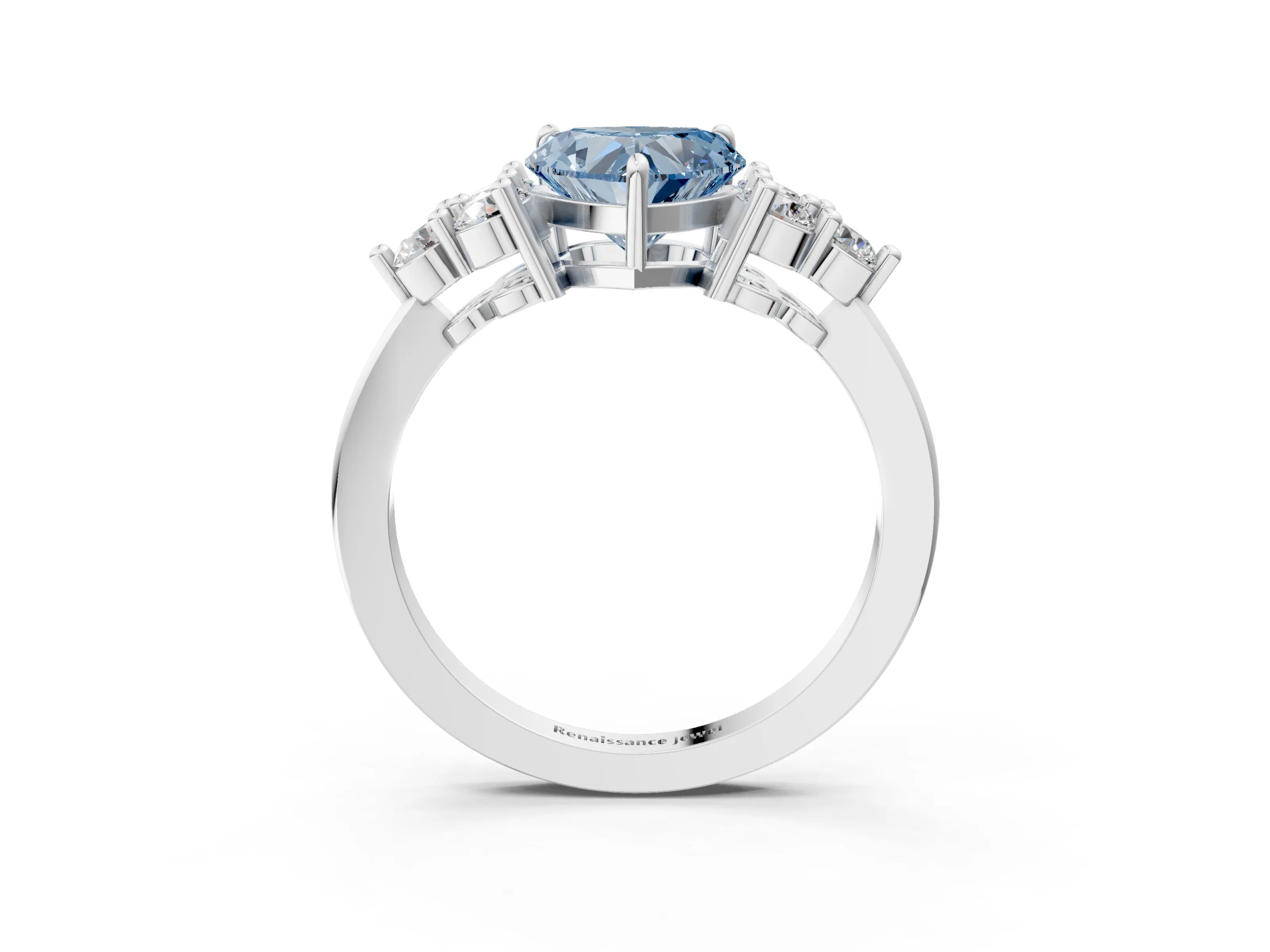 White gold Fancy Blue Heart Cut Brilliant Diamond Cluster Accent Solitaire Ring with Prong Setting_3