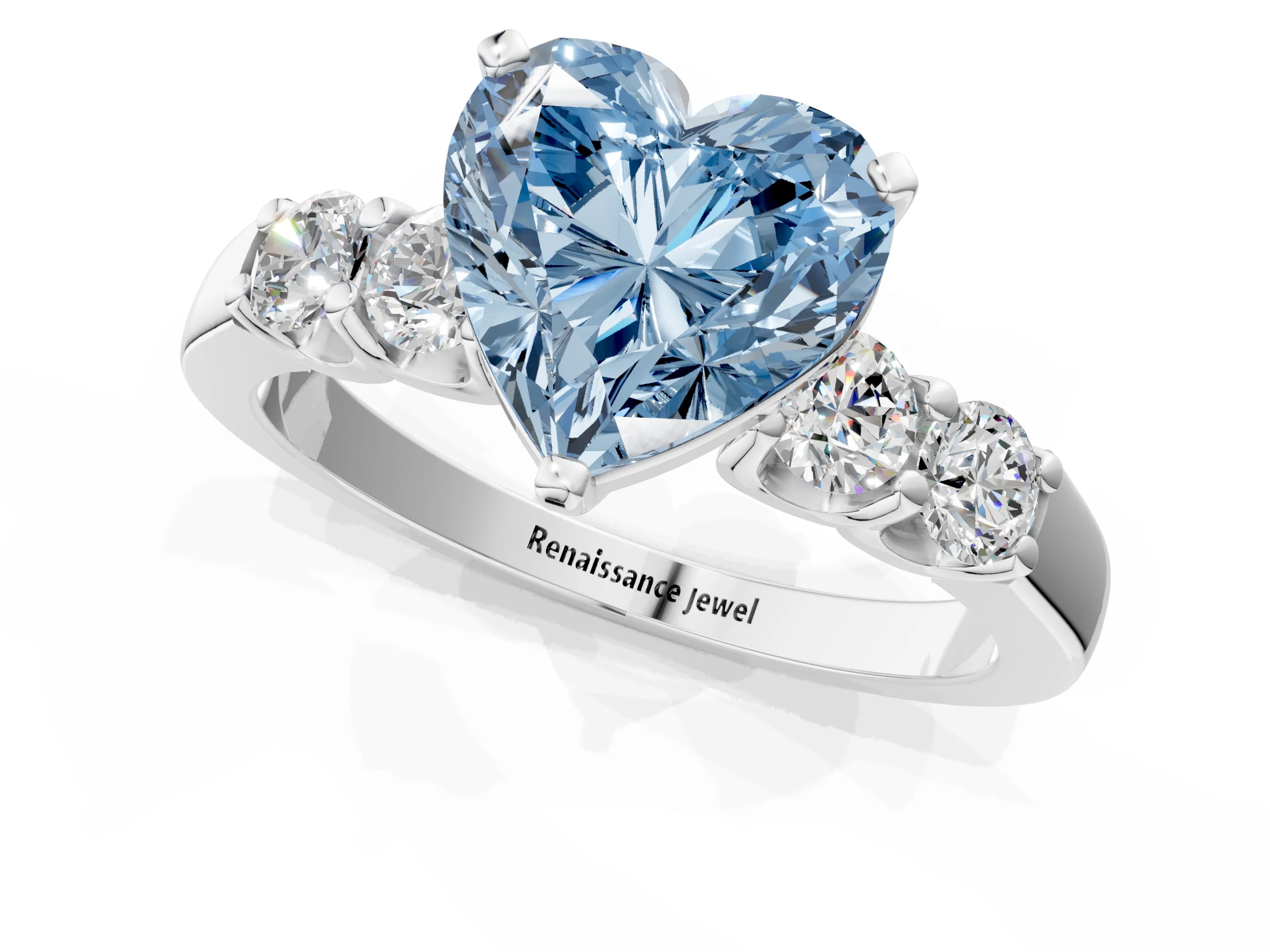 White gold Fancy Blue Heart Cut Brilliant Diamond Five-Stone Engagement Ring with Prong Setting on a Classic Band_4