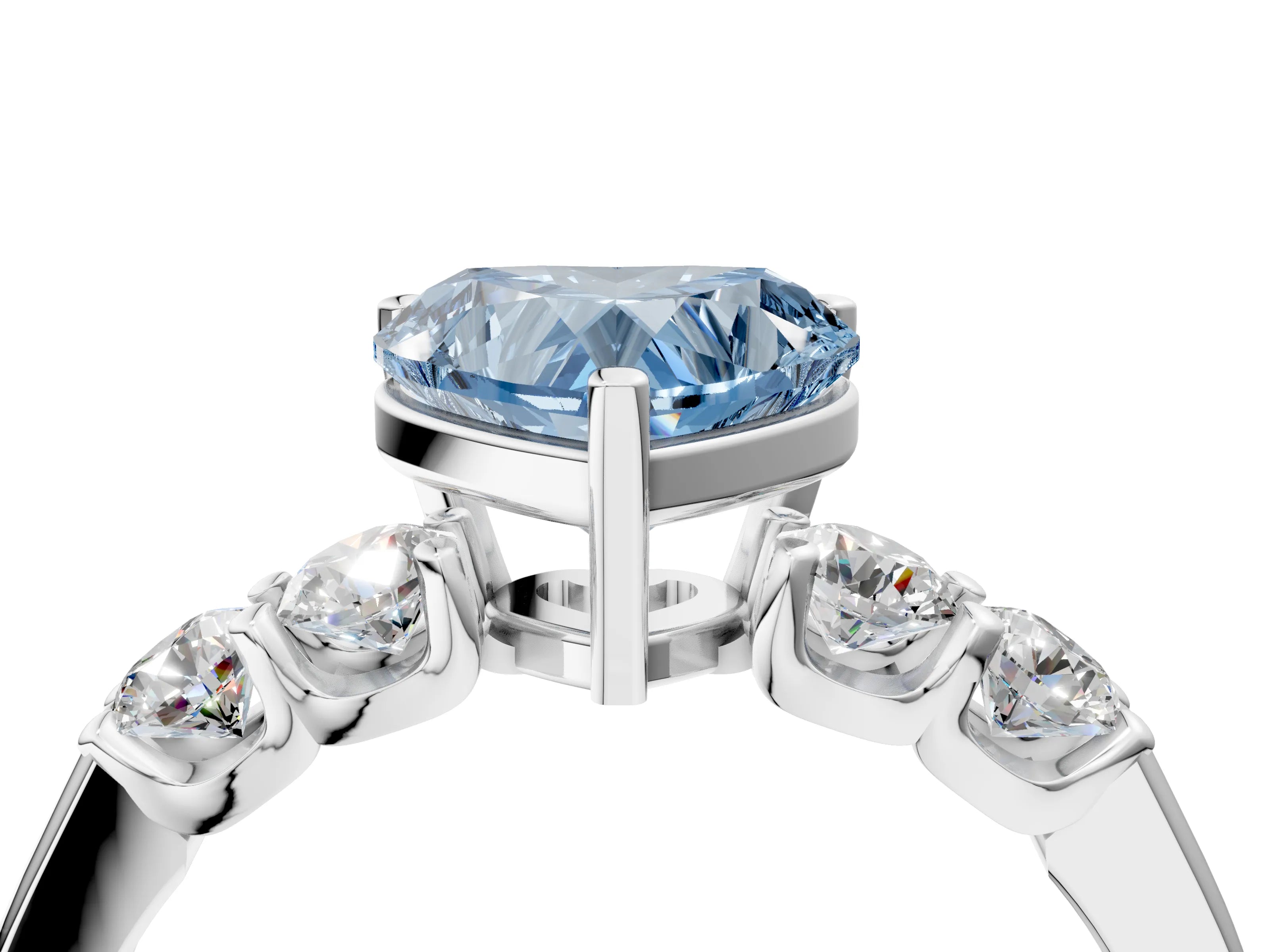 White gold Fancy Blue Heart Cut Brilliant Diamond Five-Stone Engagement Ring with Prong Setting on a Classic Band_7