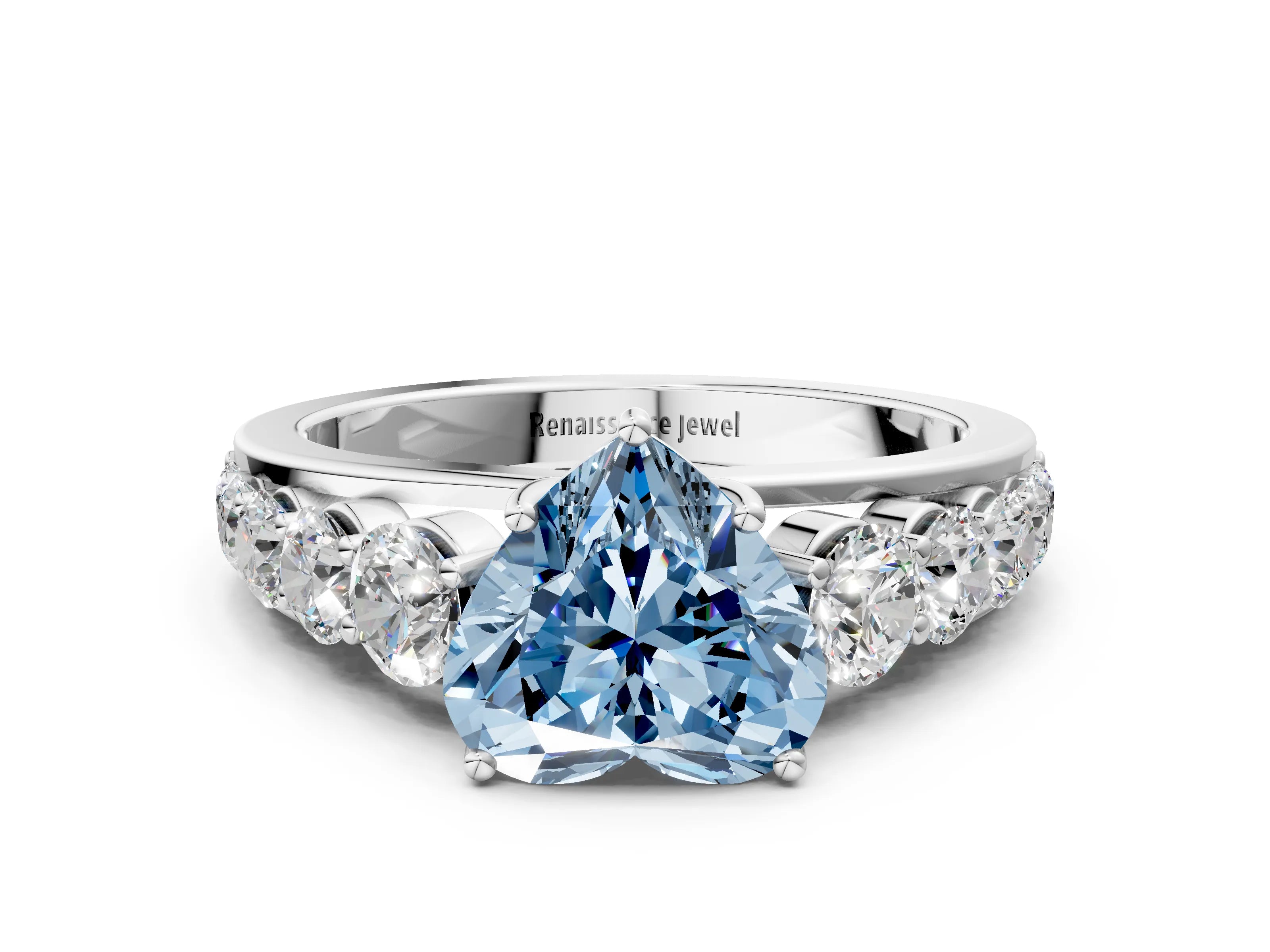 White gold Fancy Blue Heart Cut Brilliant Diamond Pavé Band with Six-Prong Setting