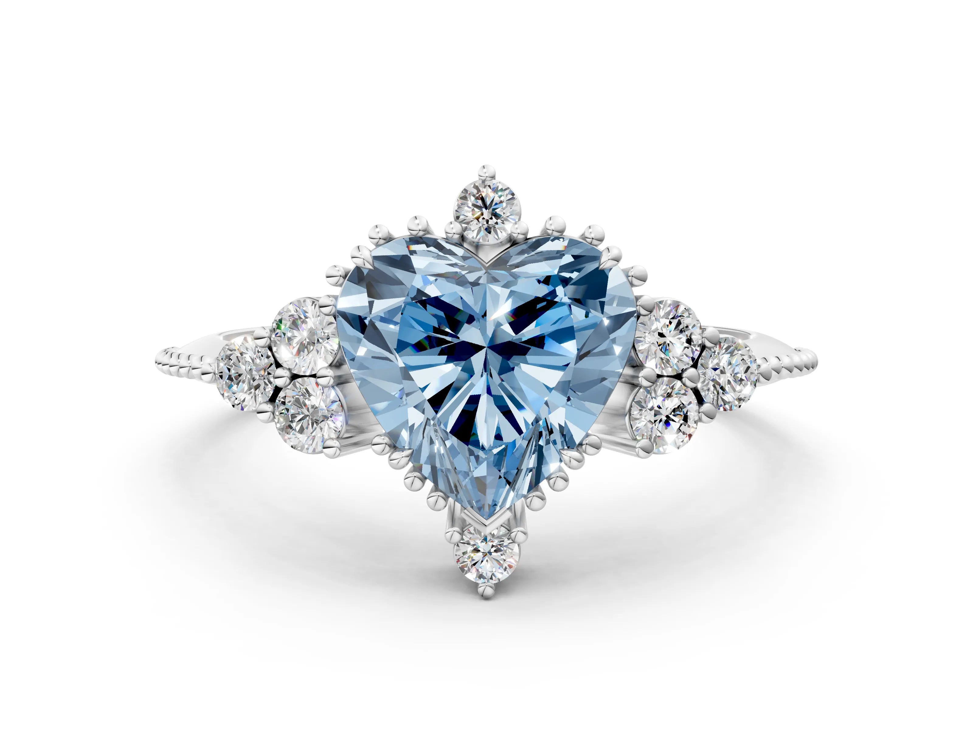 White gold Fancy Blue Heart Cut Brilliant Diamond with Cluster Setting on a Beaded Band and Four-Prong Setting_12